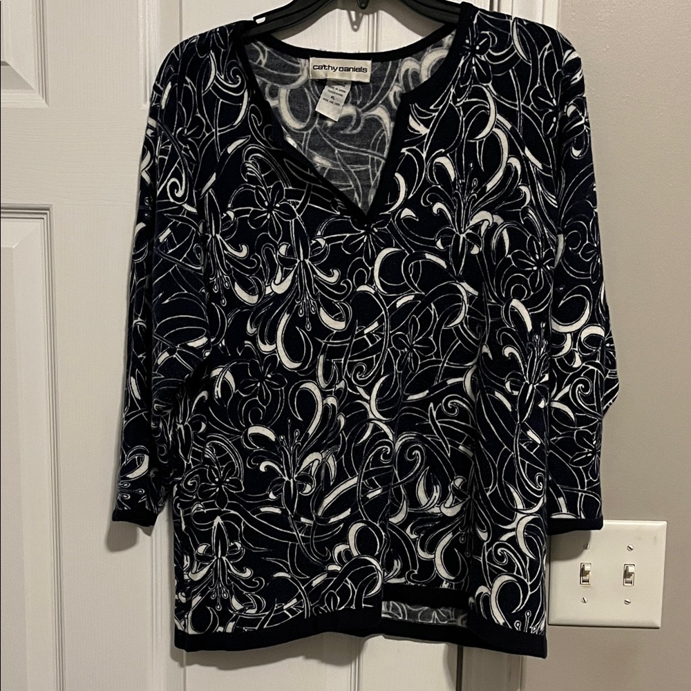 Cathy Daniel’s Blue and White Swirl Pattern Top